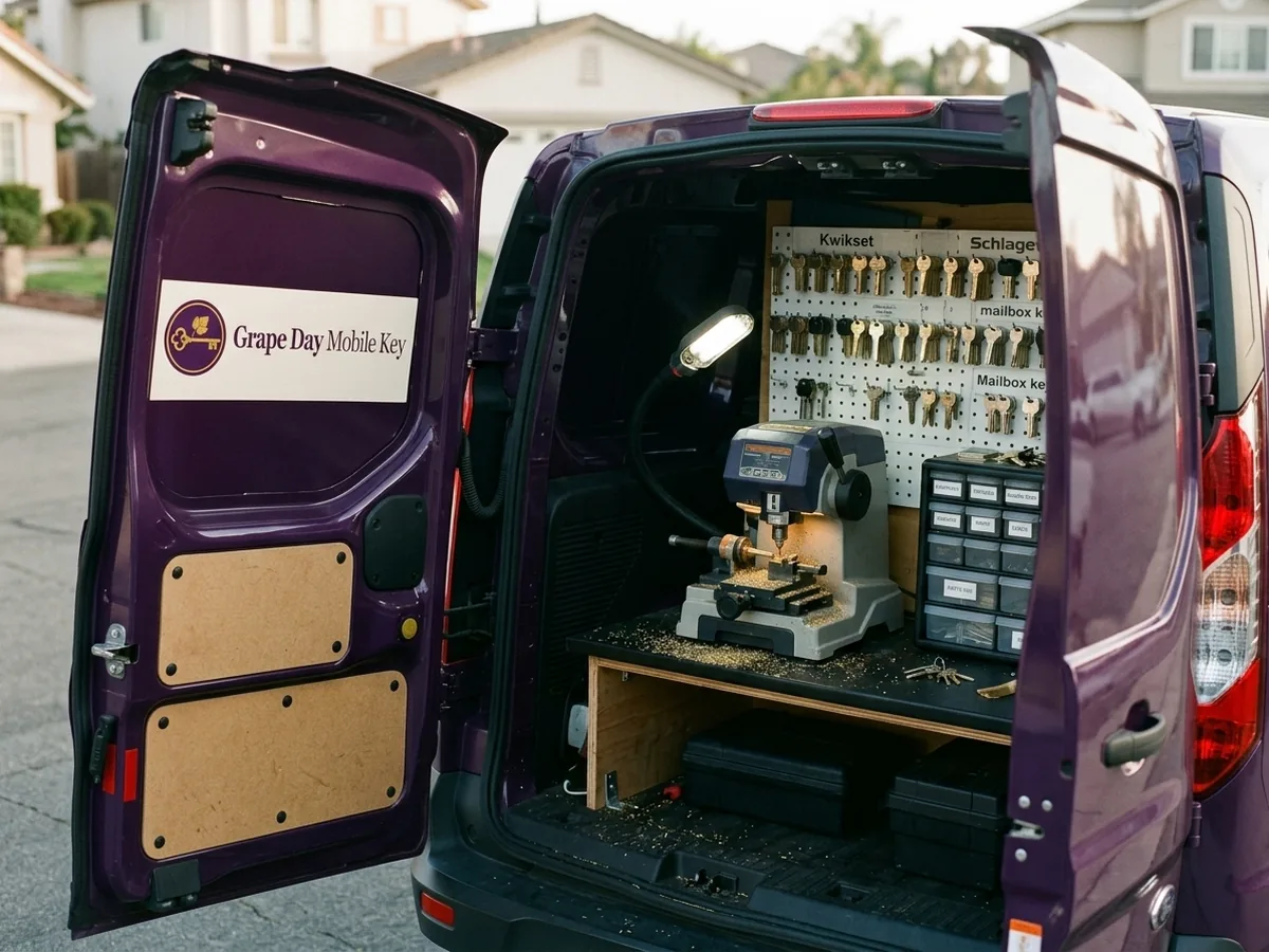 Key machine running in the back of the van with brass shavings and Kwikset, Schlage and mailbox blanks on the bench